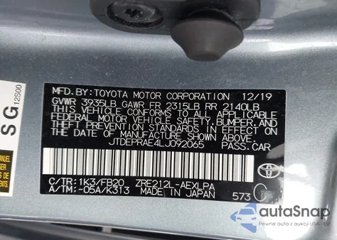 2020 Toyota Corolla Le from USA, damaged, VIN JTDEPRAE4LJ092065